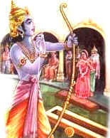 Rama tried to bend the bow to charge it and the old bow broke into two. Rama and Sita got married.