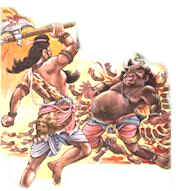 With a terrible axe in hand and the eyes blood red with fury he caught hold of all the thousand sons of Arjuna one after another and cut off their heads.